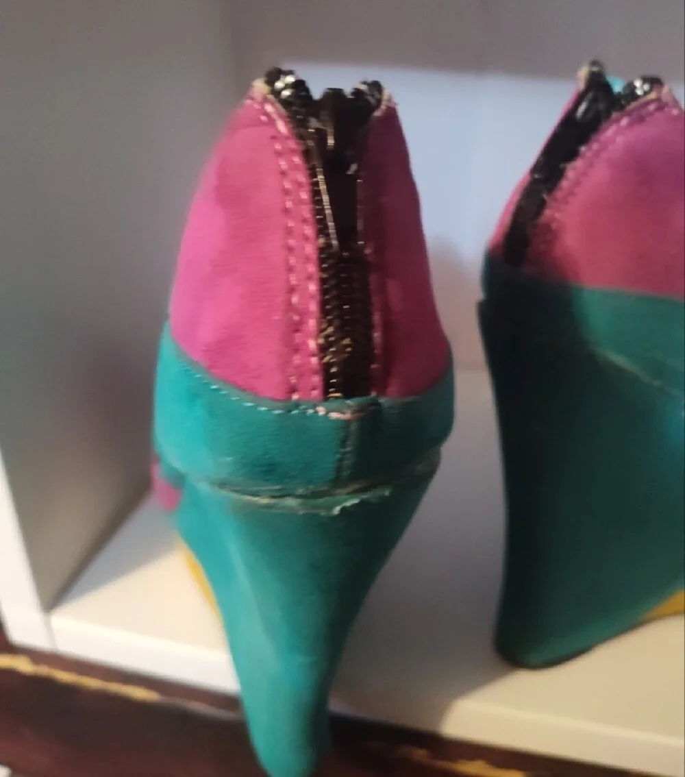 Colorblock faux Suede Wedge Peep Toe Heels in Teal, Magenta & Mustard